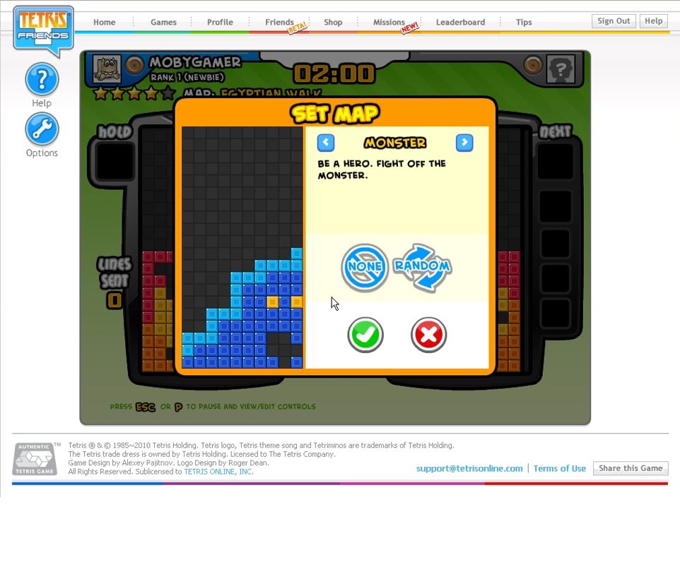 Tetris Friends (Browser) screenshot: Choosing the map for a two-player battle.