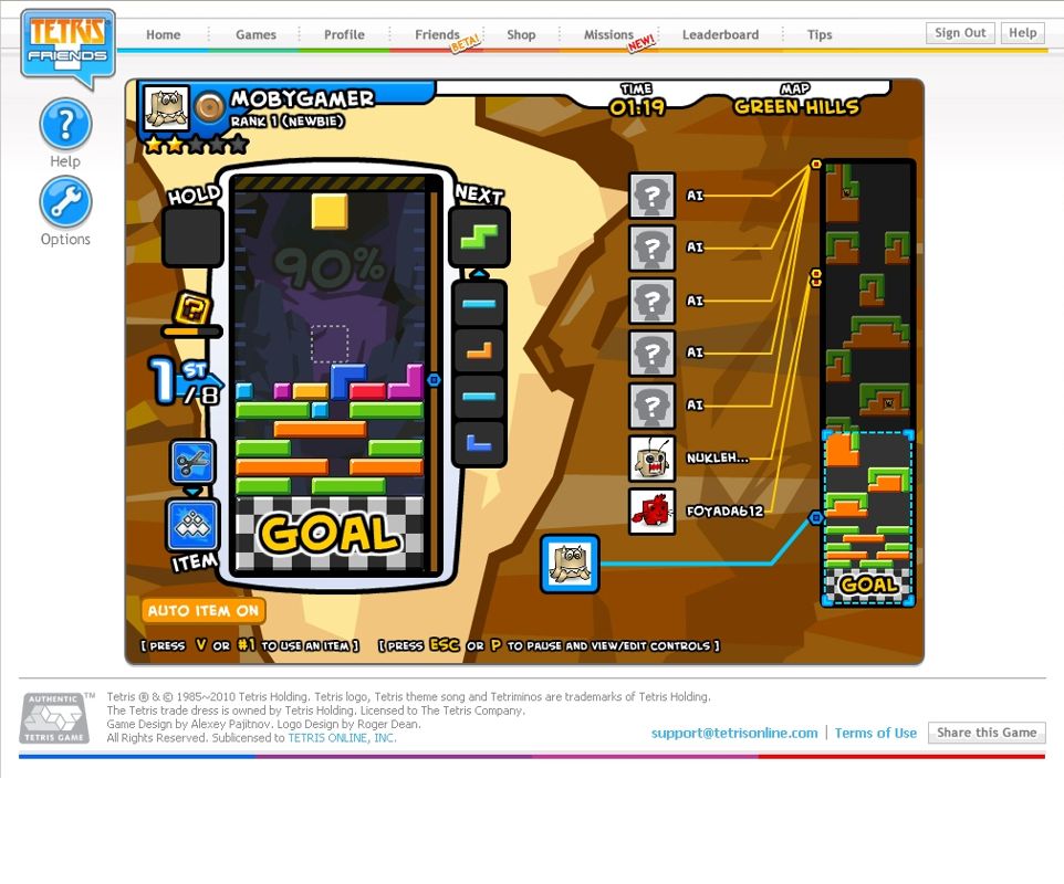 Tetris Friends (Browser) screenshot: Battling it out in an eight player battle, this is crazy fun. The first one to reach the bottom is gonna win.