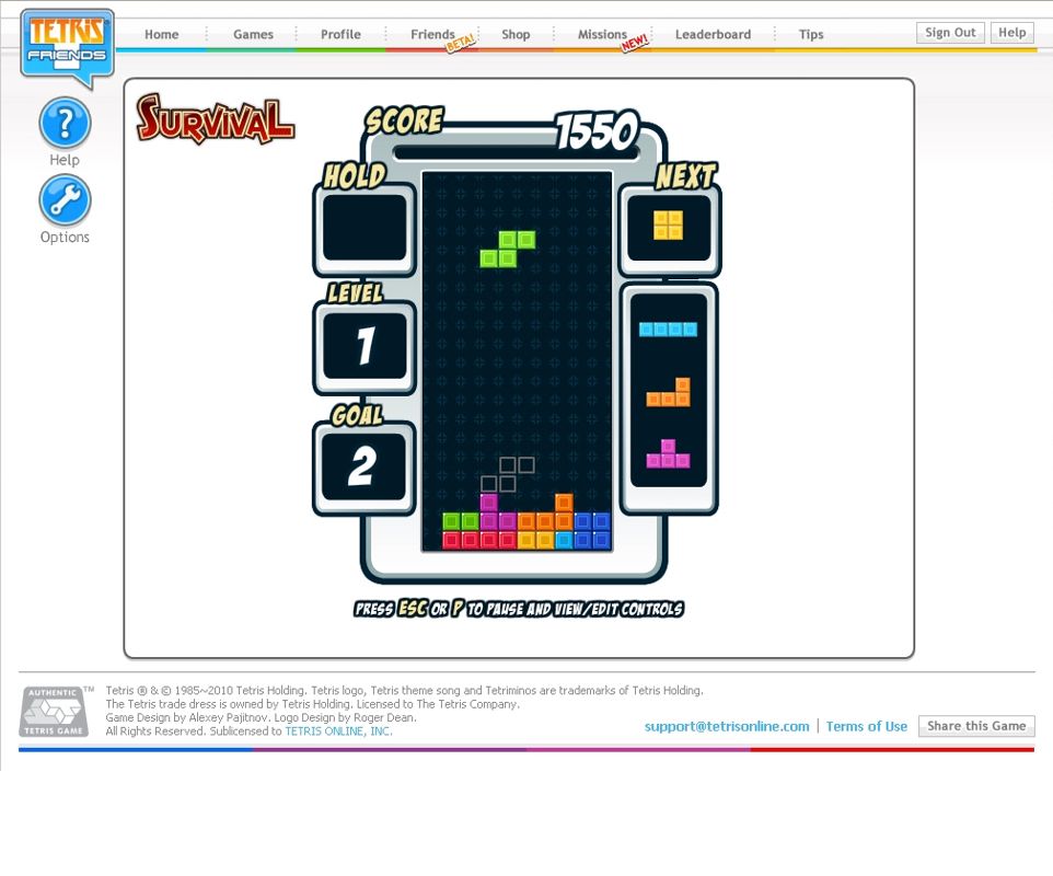Tetris Friends (Browser) screenshot: A round of survival, earn as many points as possible in 20 levels.