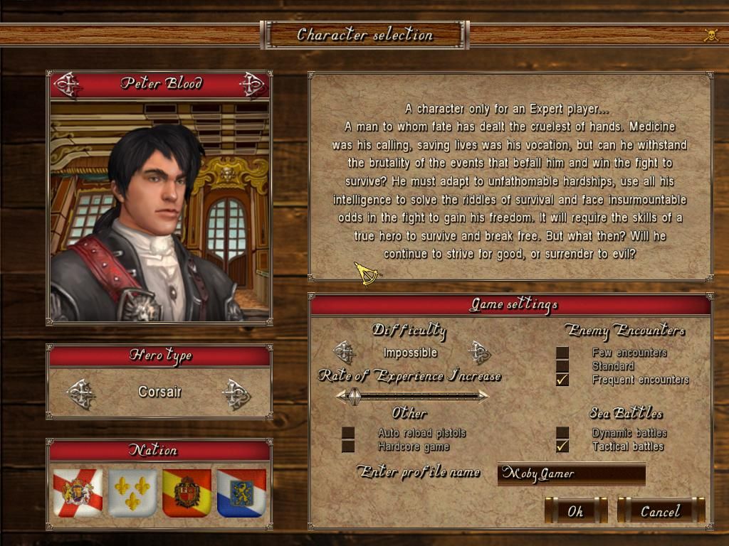 Age of Pirates 2: City of Abandoned Ships (Windows) screenshot: Character Selection - dr. Peter Blood is only recommended for expert players, introducing a more difficult beginning plot than the other selectable characters.