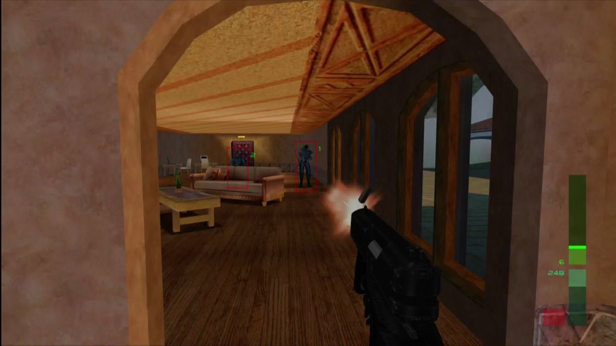 Perfect Dark (Xbox 360) screenshot: Using the CMP's secondary "lock on" fire.