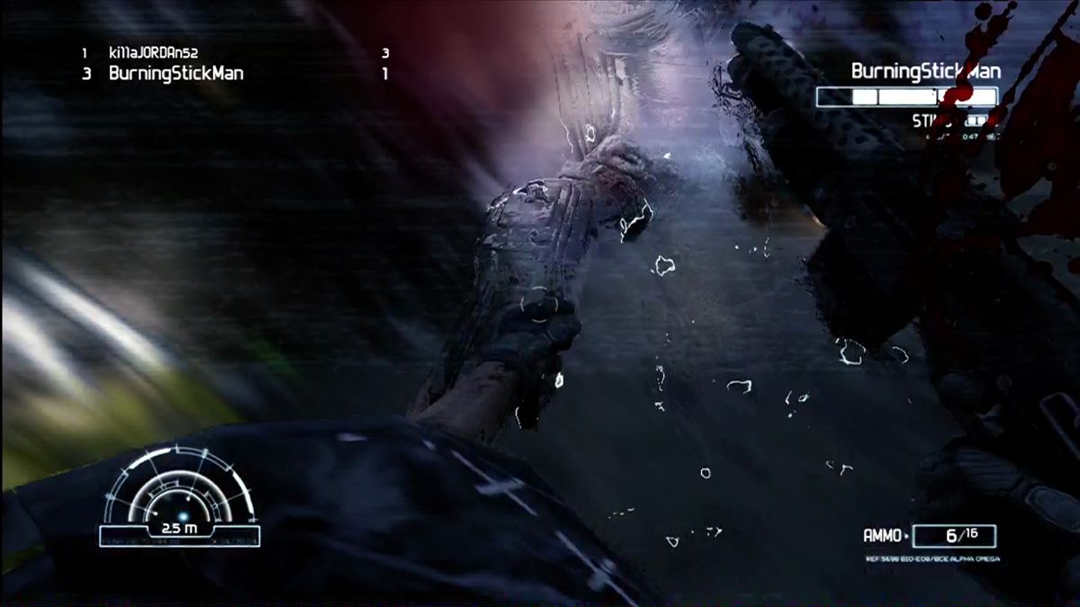 Aliens vs Predator (Hunter Edition) (Xbox 360) screenshot: Knocked down by a Predator outside the Docks. Impressive detail on the cloak.