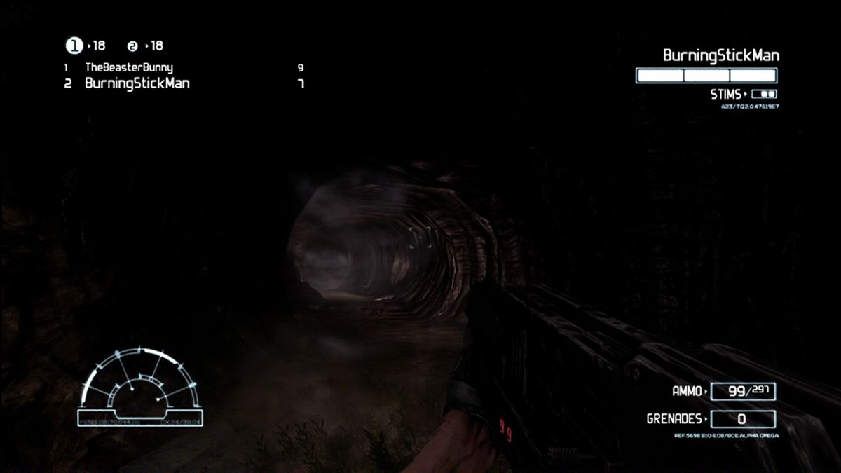 Aliens vs Predator (Hunter Edition) (Xbox 360) screenshot: Hive tunnels running underneath the outpost.