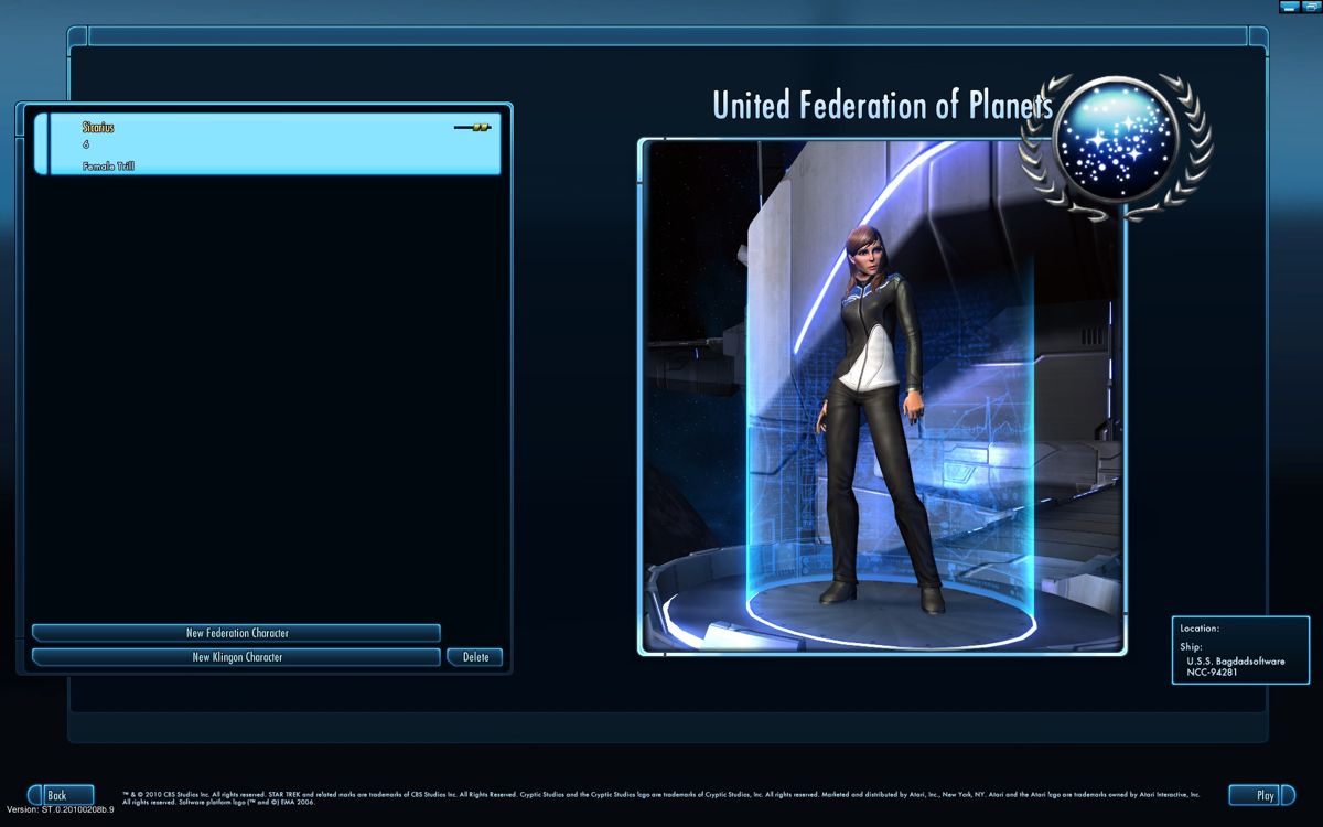 Star Trek Online (Windows) screenshot: Character Screen