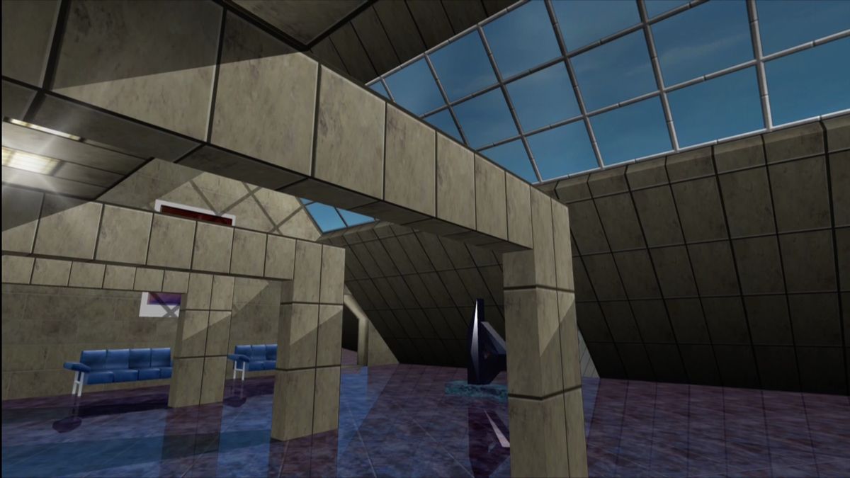 Perfect Dark (Xbox 360) screenshot: You can still exit the menu and take a stroll around the Carrington Institute.