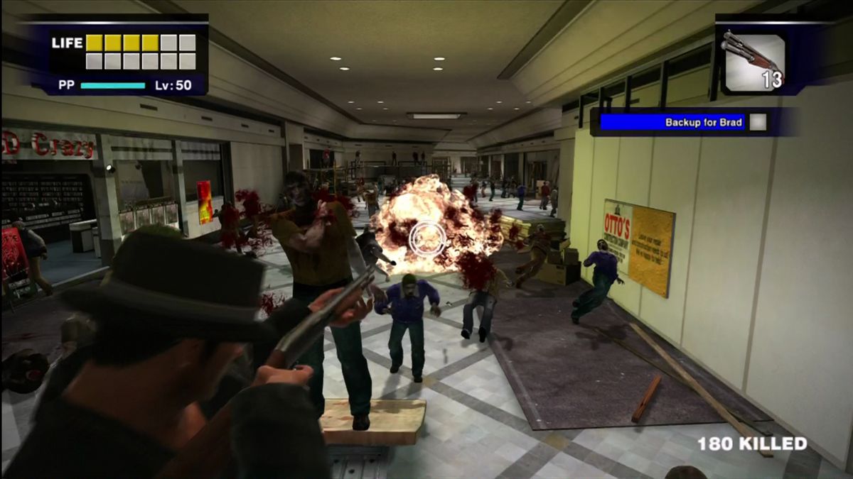 Dead Rising (Xbox 360) screenshot: Aim at the zombies wheeling propane tanks for explosive results.