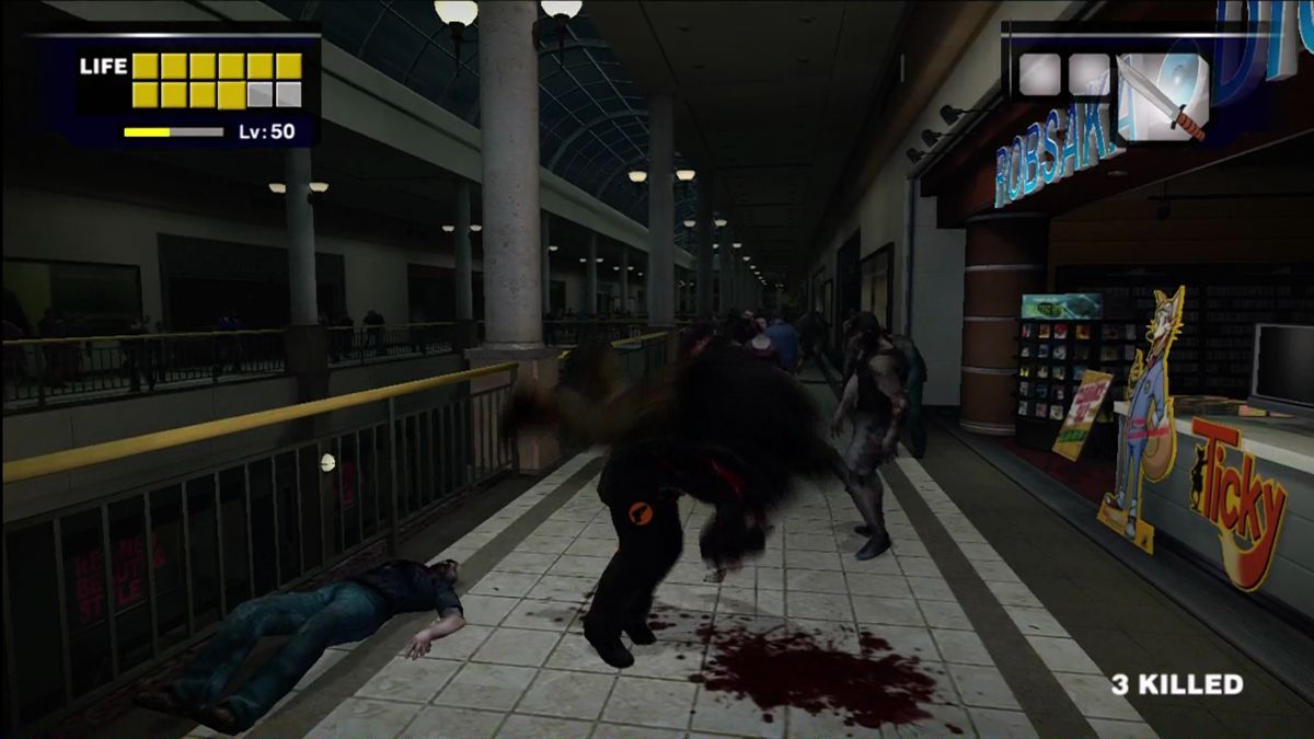 Dead Rising (Xbox 360) screenshot: Frank earns new moves as he levels up. Judo throw!