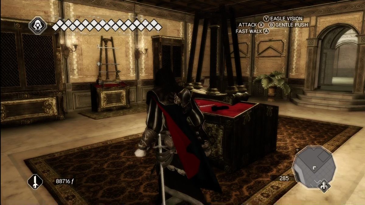 Assassin's Creed II (Xbox 360) screenshot: Weapons room in your villa. Purchased weapons stored here.