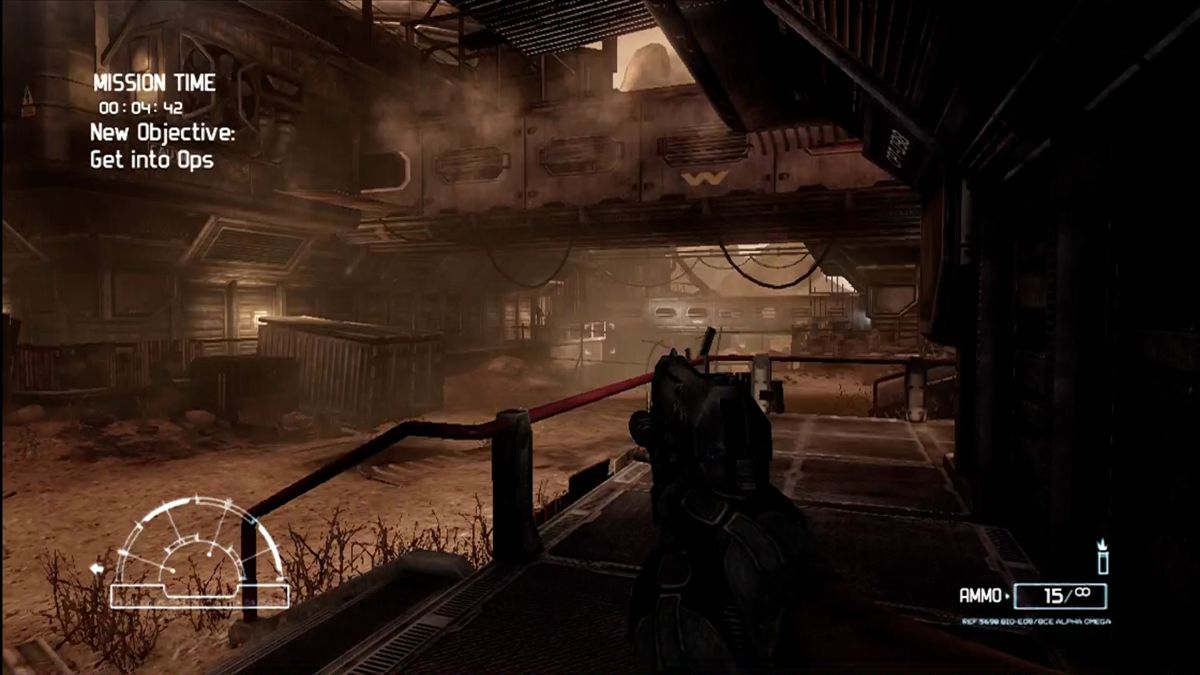 Aliens vs Predator (Xbox 360) screenshot: Weyland-Yutani's empty colony.