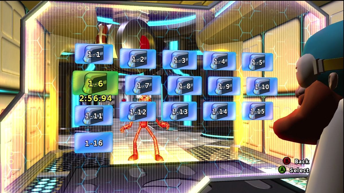 'Splosion Man (Xbox 360) screenshot: Level select menu. The cakes are hidden collectables on each level.
