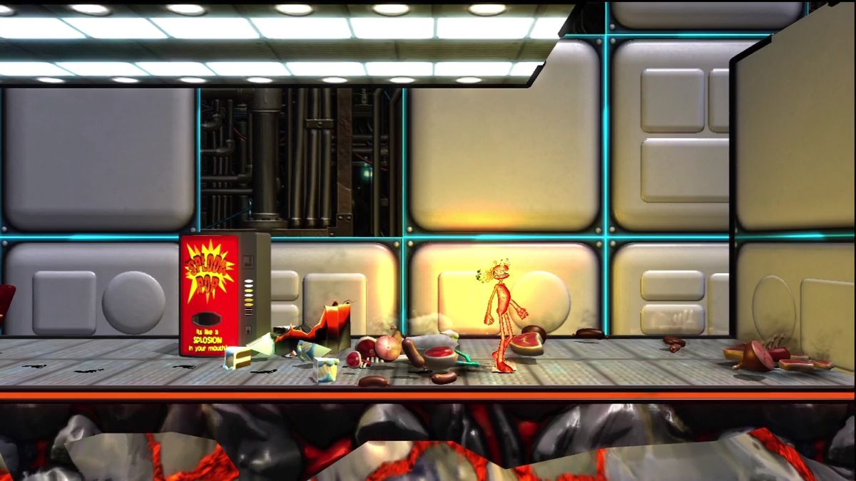 'Splosion Man (Xbox 360) screenshot: Scientists explode into bouncing cuts of meat.