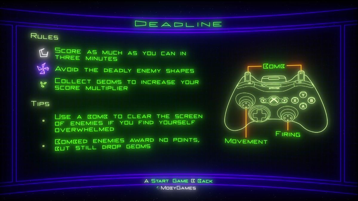 Geometry Wars: Retro Evolved 2 (Xbox 360) screenshot: Explaining the controls and the rules.
