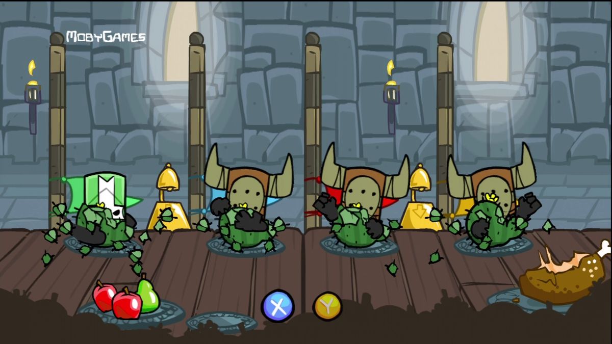 Castle Crashers (Xbox 360) screenshot: "All You Can Quaff" minigame. Hit buttons rapidly to beat your challengers.