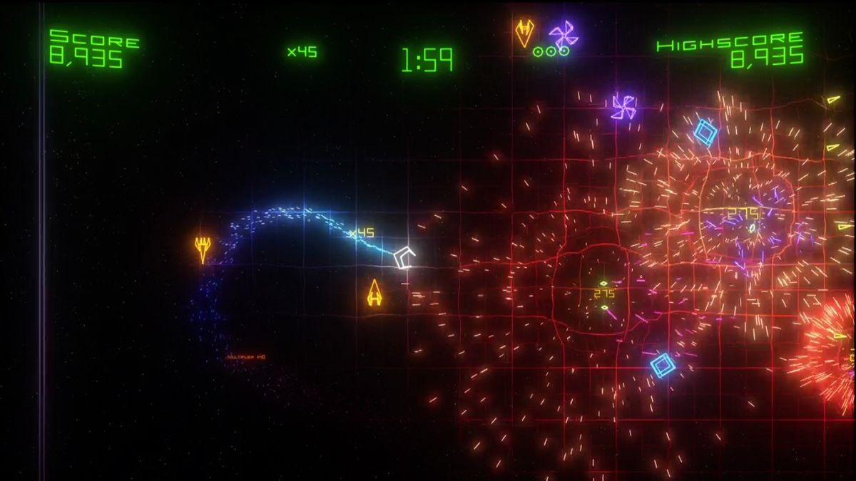 Geometry Wars: Retro Evolved 2 (Xbox 360) screenshot: Sum up the game in two words? "Particle effects."