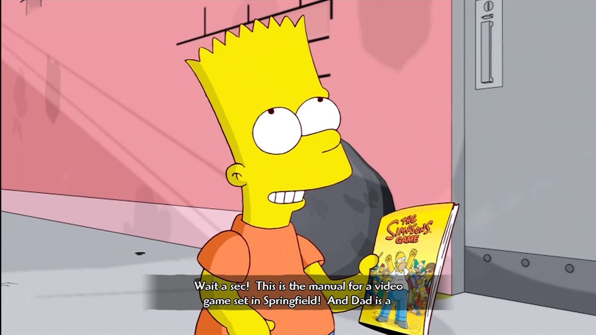 The Simpsons Game (Xbox 360) screenshot: Bart finds a game manual for the very game he's in, which grants him super powers.