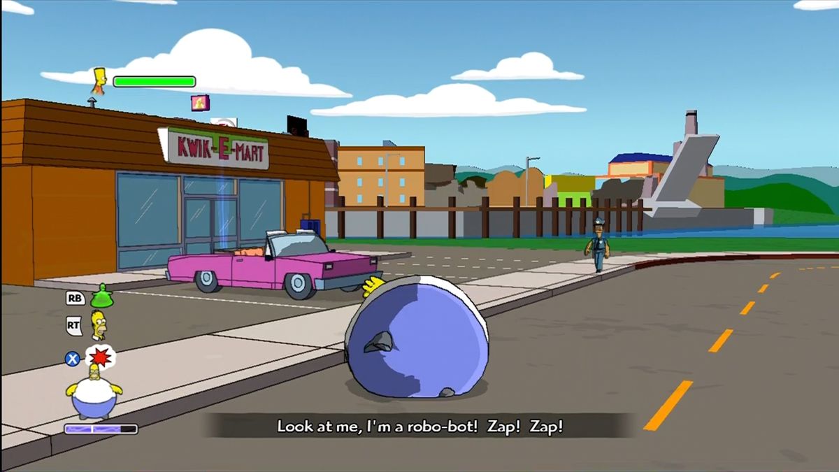 The Simpsons Game (Xbox 360) screenshot: Virtual Springfield has the expected landmarks.