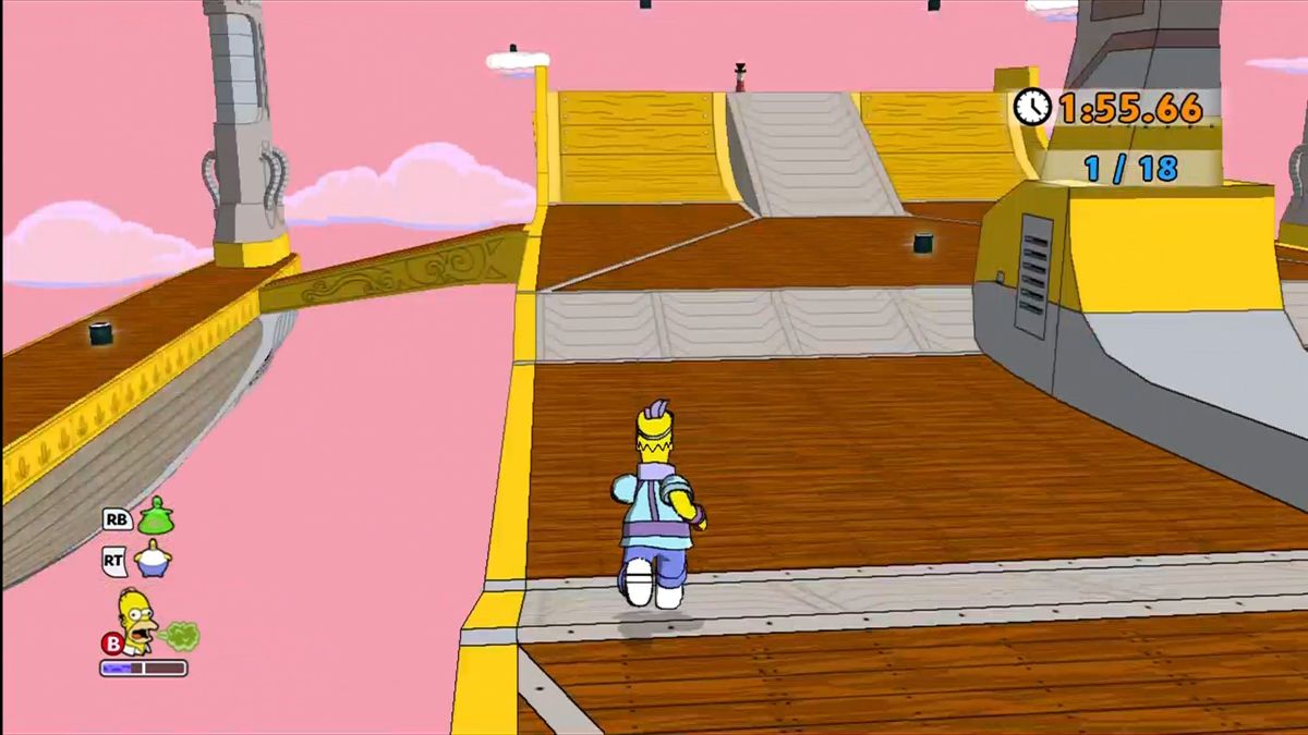 The Simpsons Game (Xbox 360) screenshot: Every level also has its own set of challenge modes. Eat all the sushi before time runs out!
