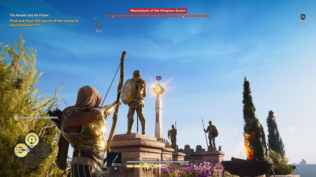 Assassin's Creed: Odyssey - The Fate of Atlantis (PlayStation 4) screenshot: Episode 1: Putting out the torches of Persephone will reduce her influence and damage any nearby enemy soldiers