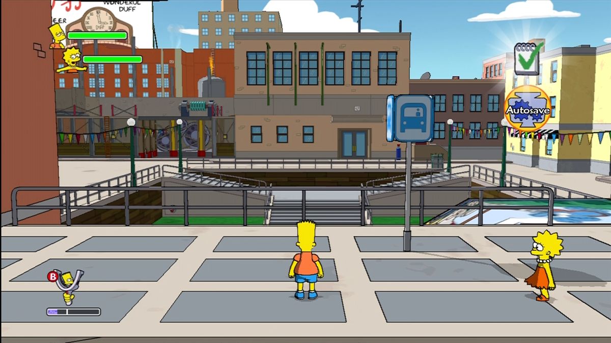 The Simpsons Game (Xbox 360) screenshot: Use bus stops to quickly get around the Springfield overworld.