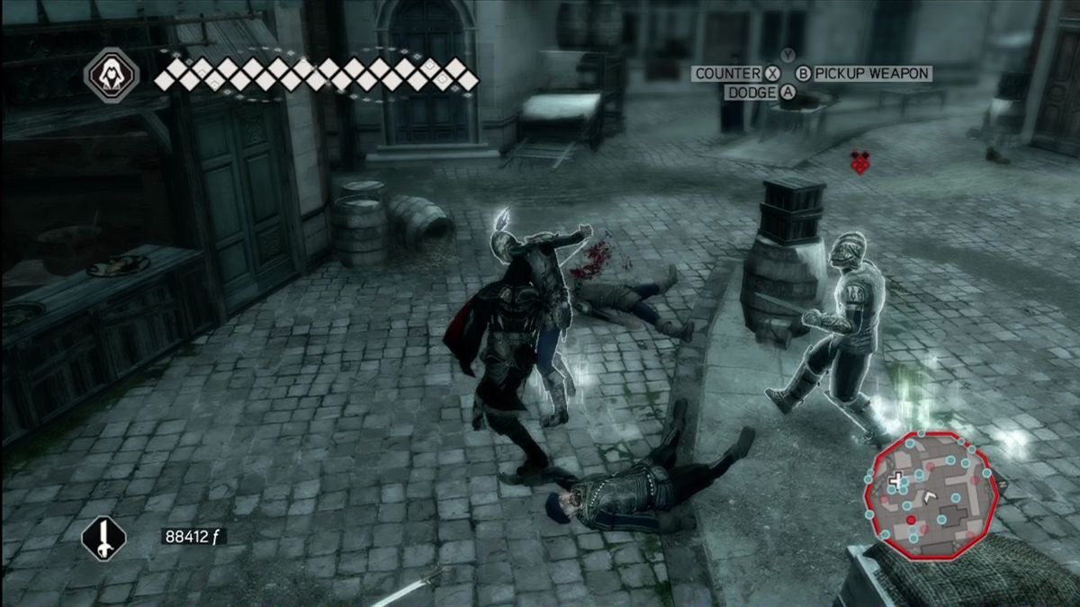 Assassin's Creed II (Xbox 360) screenshot: Swordfighting still favors blocks and counters.