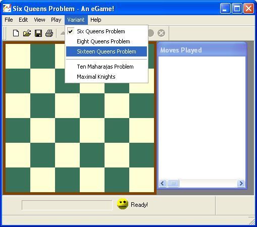 8 Queens (Windows) screenshot: The puzzles always start with the 6 Queens problem, the other puzzles are accessed via the menu bar