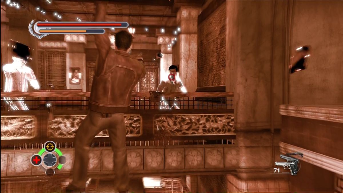 Stranglehold (Xbox 360) screenshot: Swing from hanging lights, firing all the way.