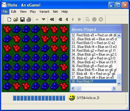 Blobs (Windows) screenshot: The end of a standard game, there is a 'Blue Wins' message but it appears in a small window and was not captured. The moves taken in this game have been recorded and can be printed