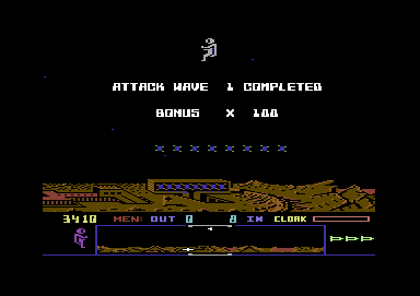 Dropzone (Commodore 64) screenshot: Level completed, bonus being awarded