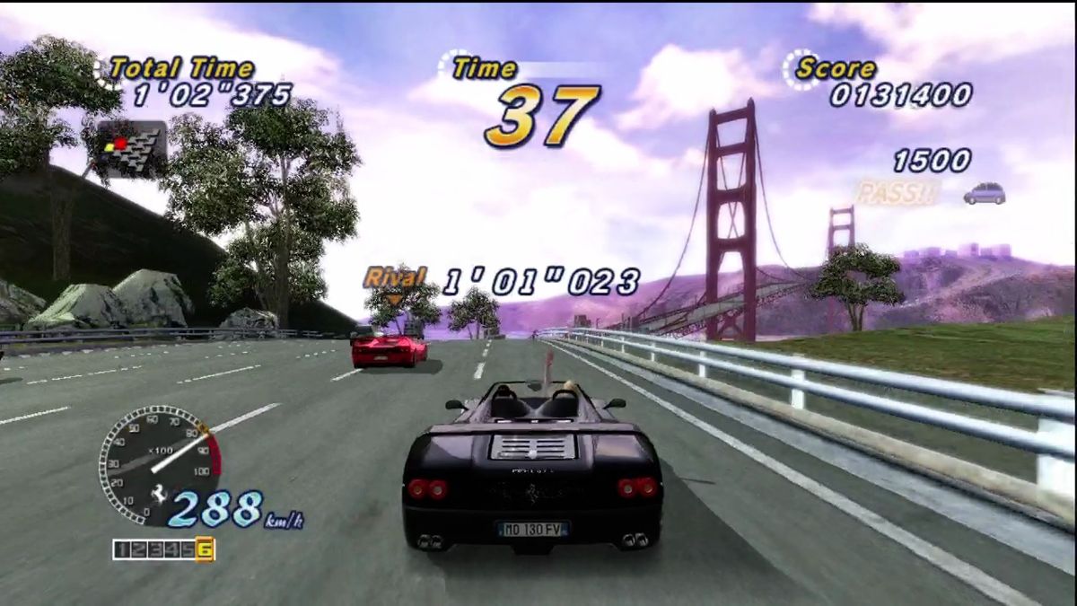 OutRun: Online Arcade (Xbox 360) screenshot: Heading toward a mockup of the Golden Gate Bridge.