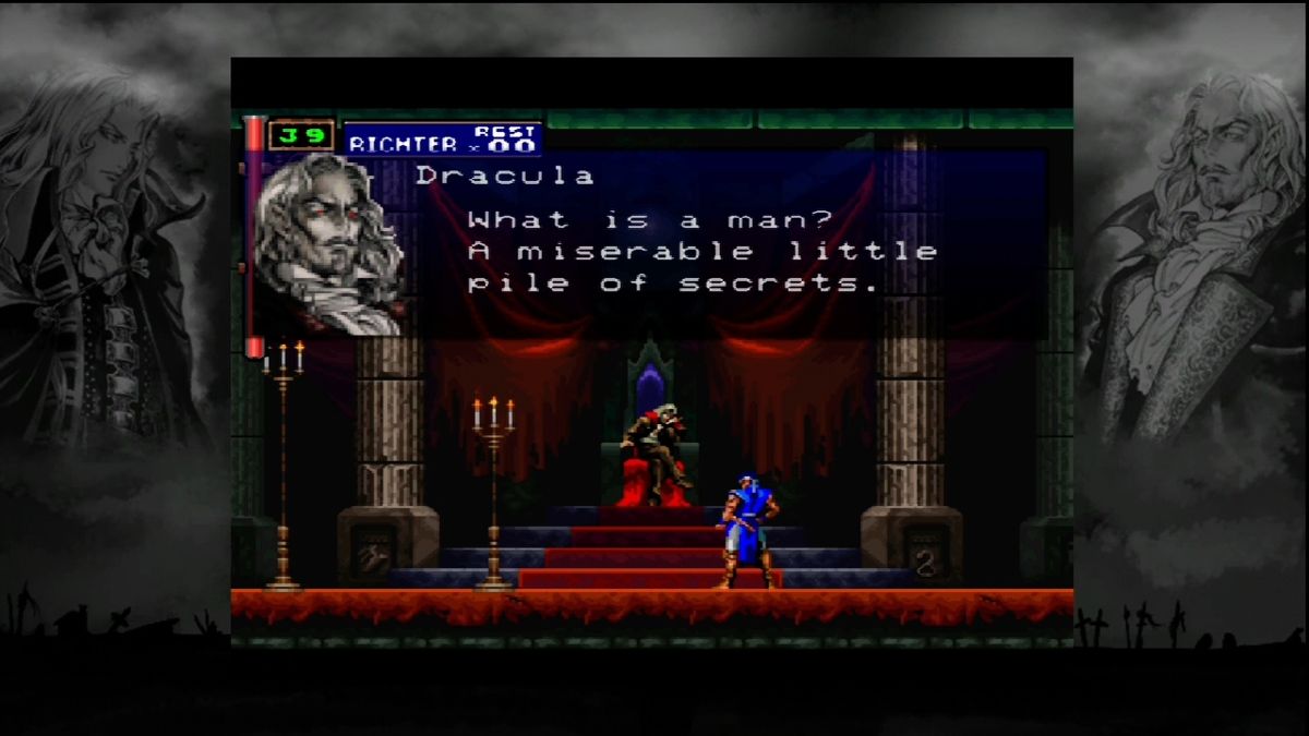Castlevania: Symphony of the Night (Xbox 360) screenshot: Dracula delivers the famous Andre Malraux quote. Voice acting is retained for the port.