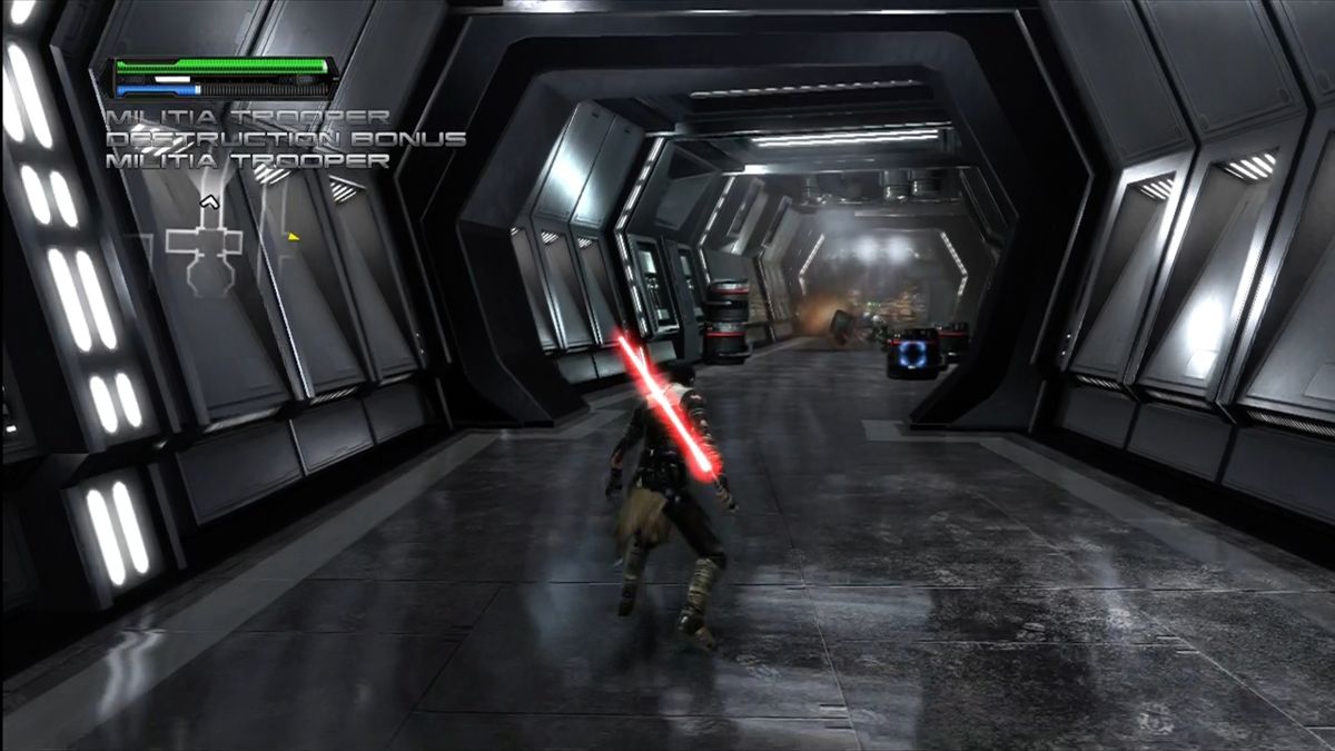 Star Wars: The Force Unleashed (Xbox 360) screenshot: Explosive barrels and debris frequently lay around, prime for throwing.