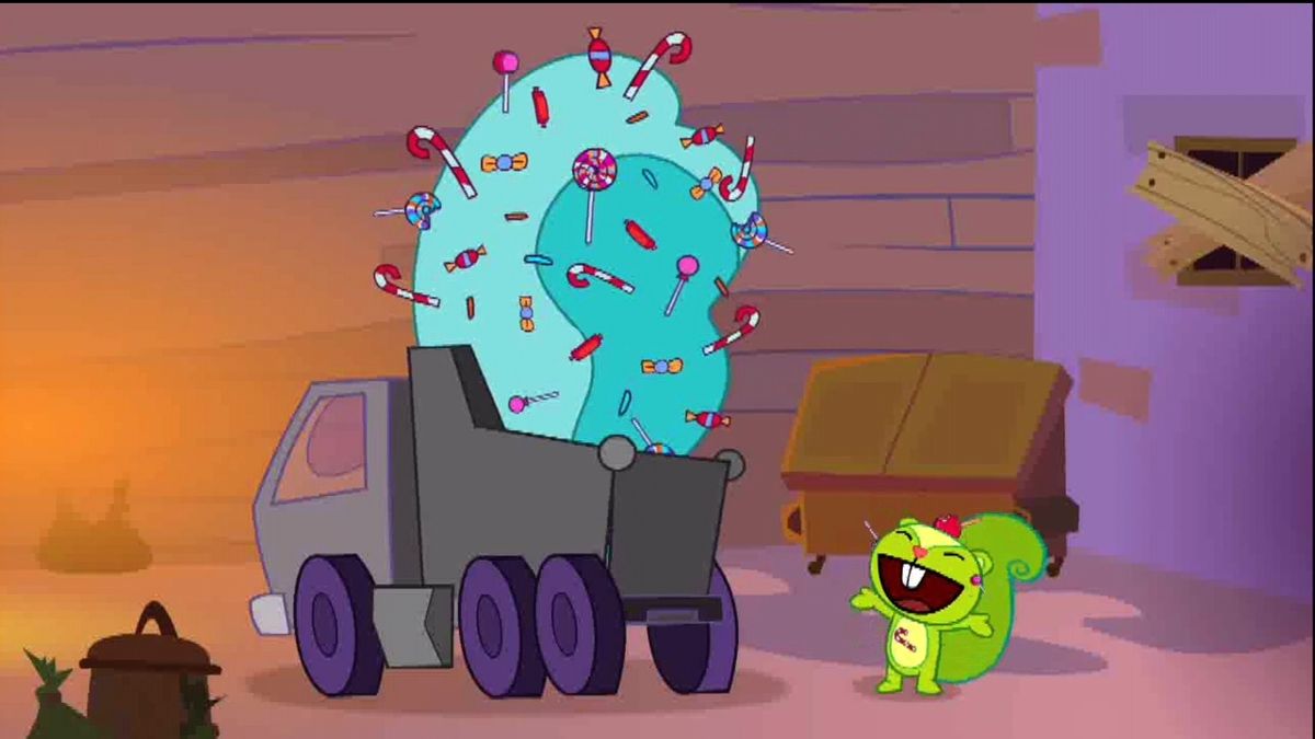 Happy Tree Friends: False Alarm (Xbox 360) screenshot: Nutty buys a mountain of candy....