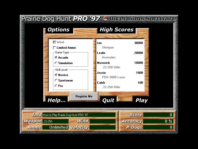 Prairie Dog Hunt Pro '97 (Windows 3.x) screenshot: The game's main menu has been updated to include both options and the high score table.