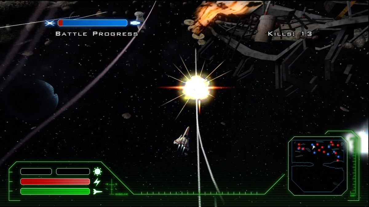 Battlestar Galactica (Xbox 360) screenshot: Unlimited missiles to fire at fighters.