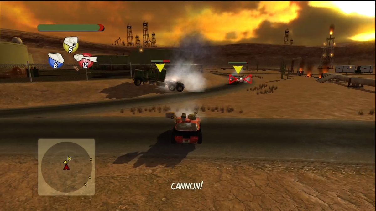 Vigilante 8: Arcade (Xbox 360) screenshot: Cannons target and auto-aim at enemies.