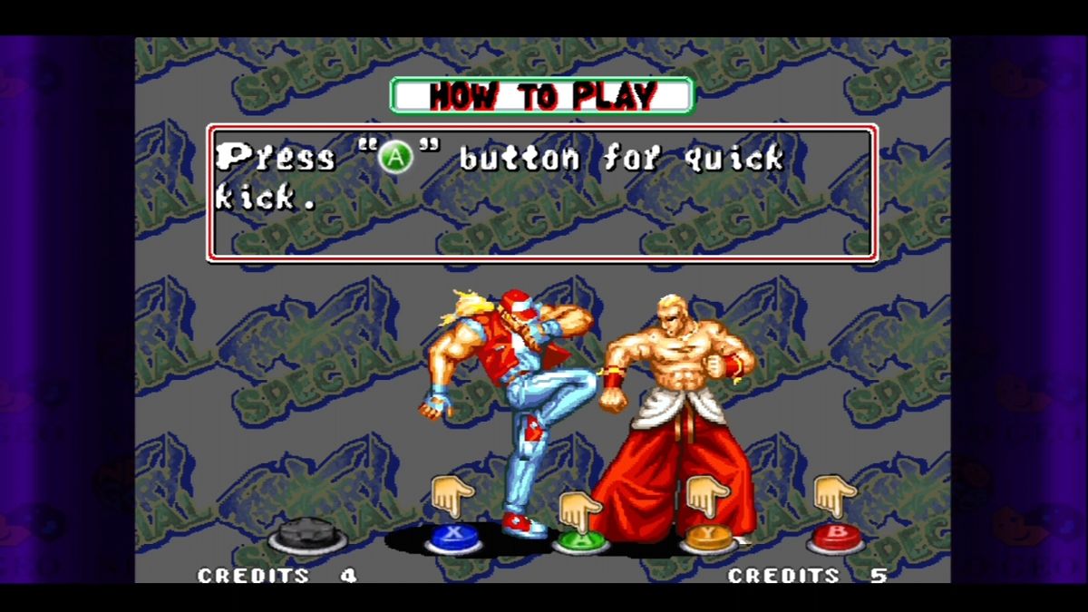 Fatal Fury Special (Xbox 360) screenshot: Primer on the controls, updated for the Xbox controller.