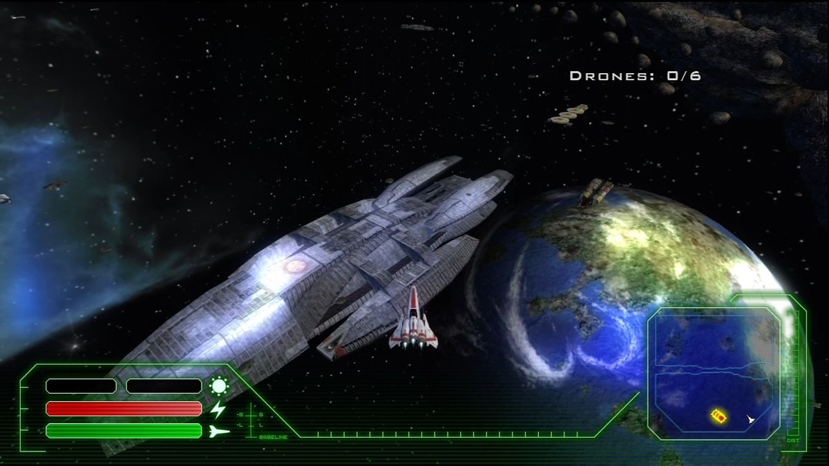 Battlestar Galactica (Xbox 360) screenshot: Flying over the mighty Galactica.