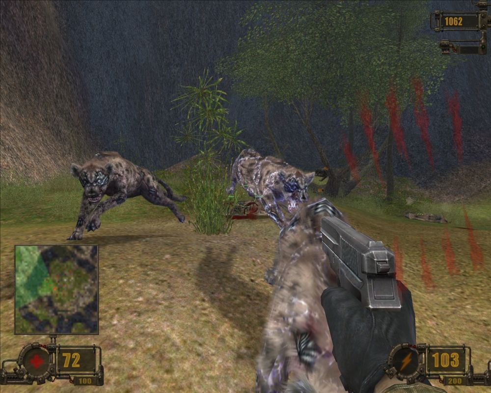 Vivisector: Beast Within (Windows) screenshot: A pack of hungry electrified hyenas circles me.