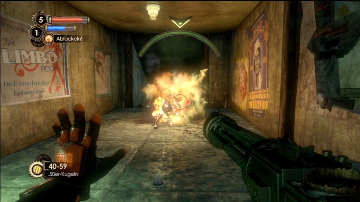 BioShock 2 (Xbox 360) screenshot: Burning a Big Sister with the help of a plasmid.