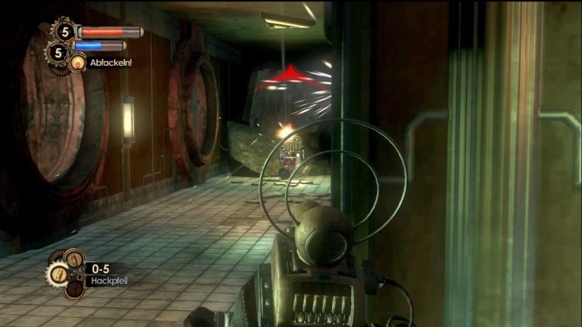 BioShock 2 (Xbox 360) screenshot: Hacking a turret from afar.