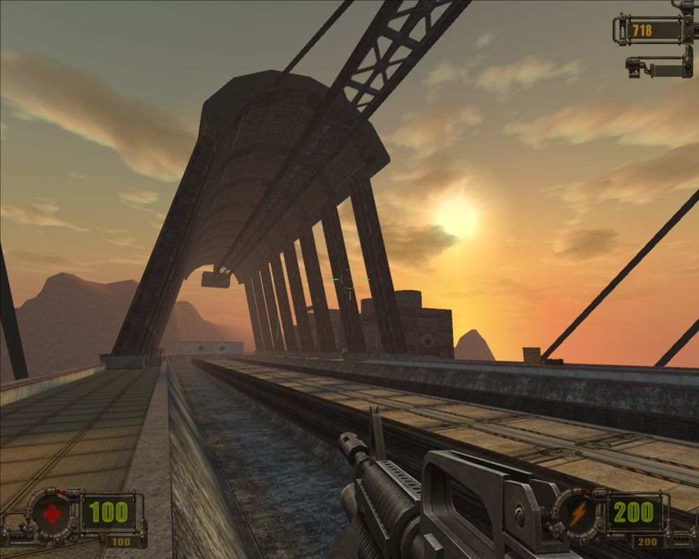 Vivisector: Beast Within (Windows) screenshot: A peachy colored sky above the railroad.