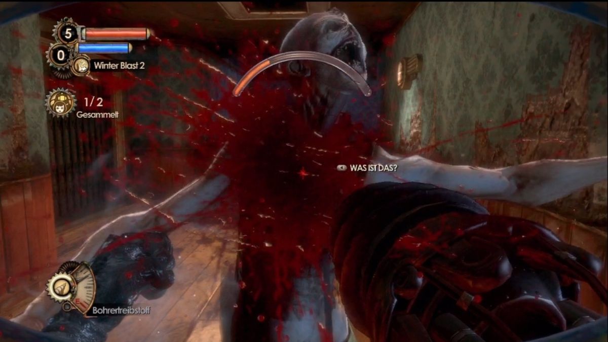 BioShock 2 (Xbox 360) screenshot: A Spider Splicer gets a taste of my huge drill.