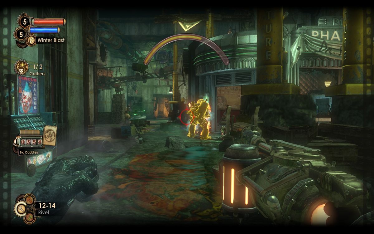 BioShock 2 (Windows) screenshot: Filming a Big Daddy while he's under attack from Splicers.