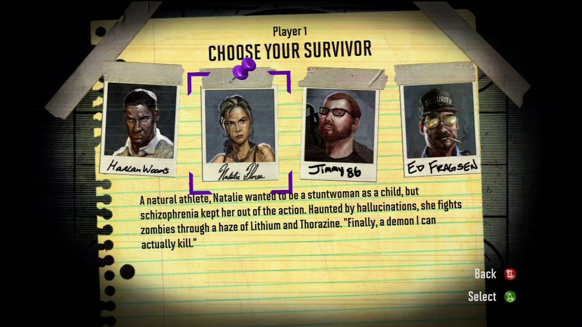 Zombie Apocalypse (Xbox 360) screenshot: Four troubled individuals to play as.