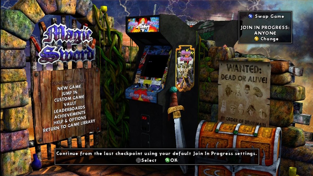 Final Fight: Double Impact (Xbox 360) screenshot: Magic Sword arcade cabinet and menu.