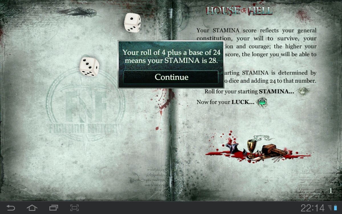 House of Hell (Android) screenshot: Rolling dice for initial stats