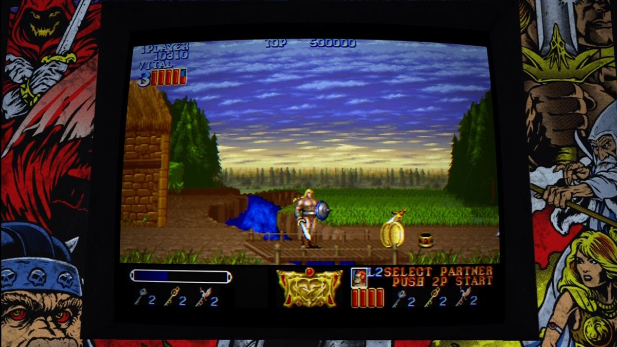 Final Fight: Double Impact (Xbox 360) screenshot: Magic Sword with arcade cabinet and monitor filter.