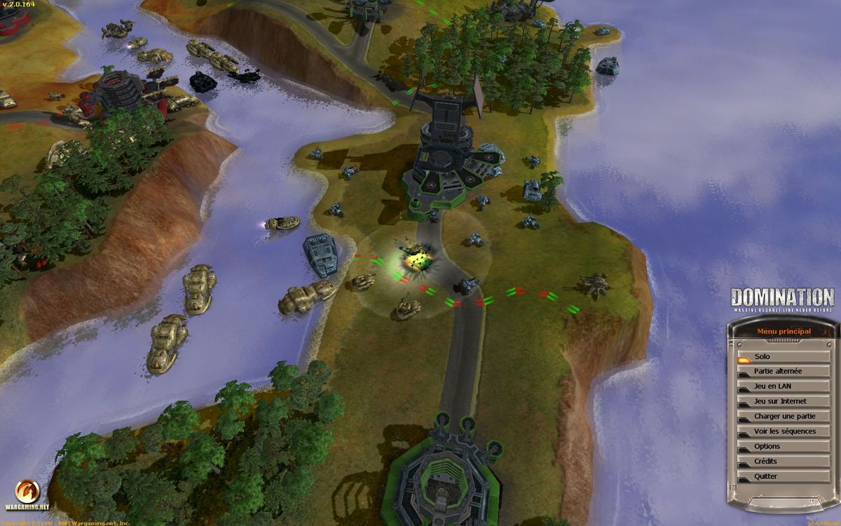 Domination (Windows) screenshot: Choice menu. In the background some units are fighting for your eyes.