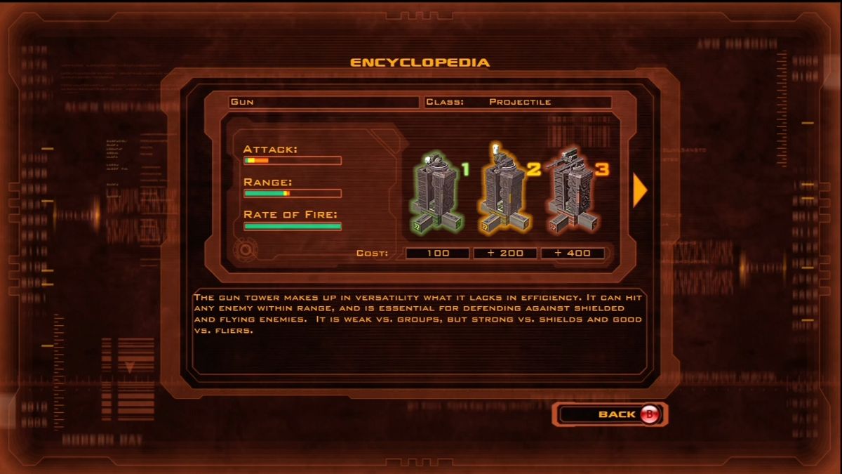 Defense Grid: The Awakening (Xbox 360) screenshot: Turret encylopedia.