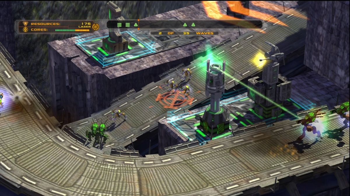 Defense Grid: The Awakening (Xbox 360) screenshot: Firing on multiple levels.